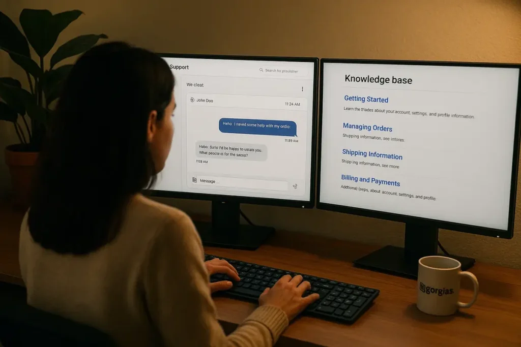 Over-the-shoulder view of a female support agent typing on a live chat dashboard on a dual-screen monitor setup. One screen shows Gorgias live chat interface, another shows knowledge base. Office plant and brand mug visible on desk. Ambient lighting, cozy office corner, DSLR aesthetic with slight filmic tone.