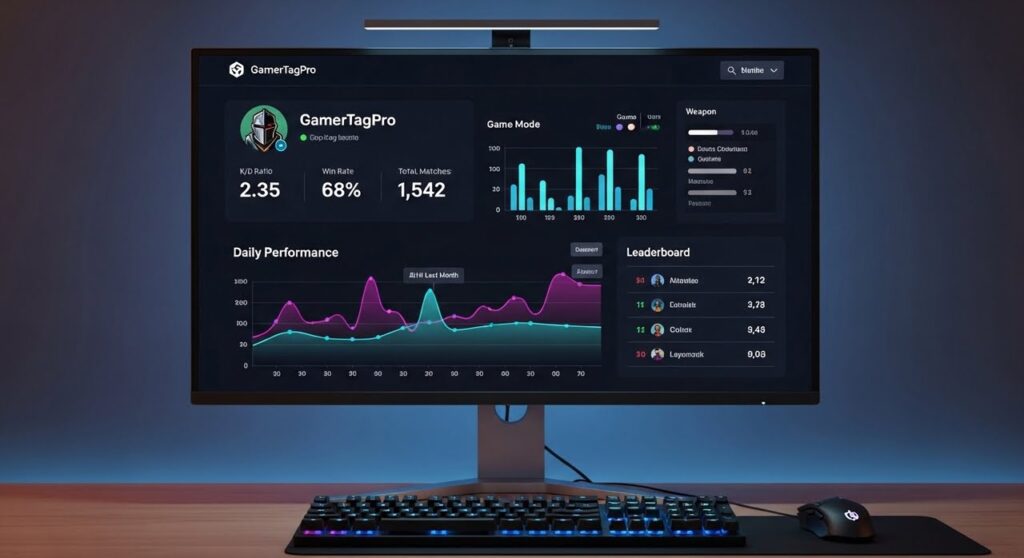 a computer with game stats on a table